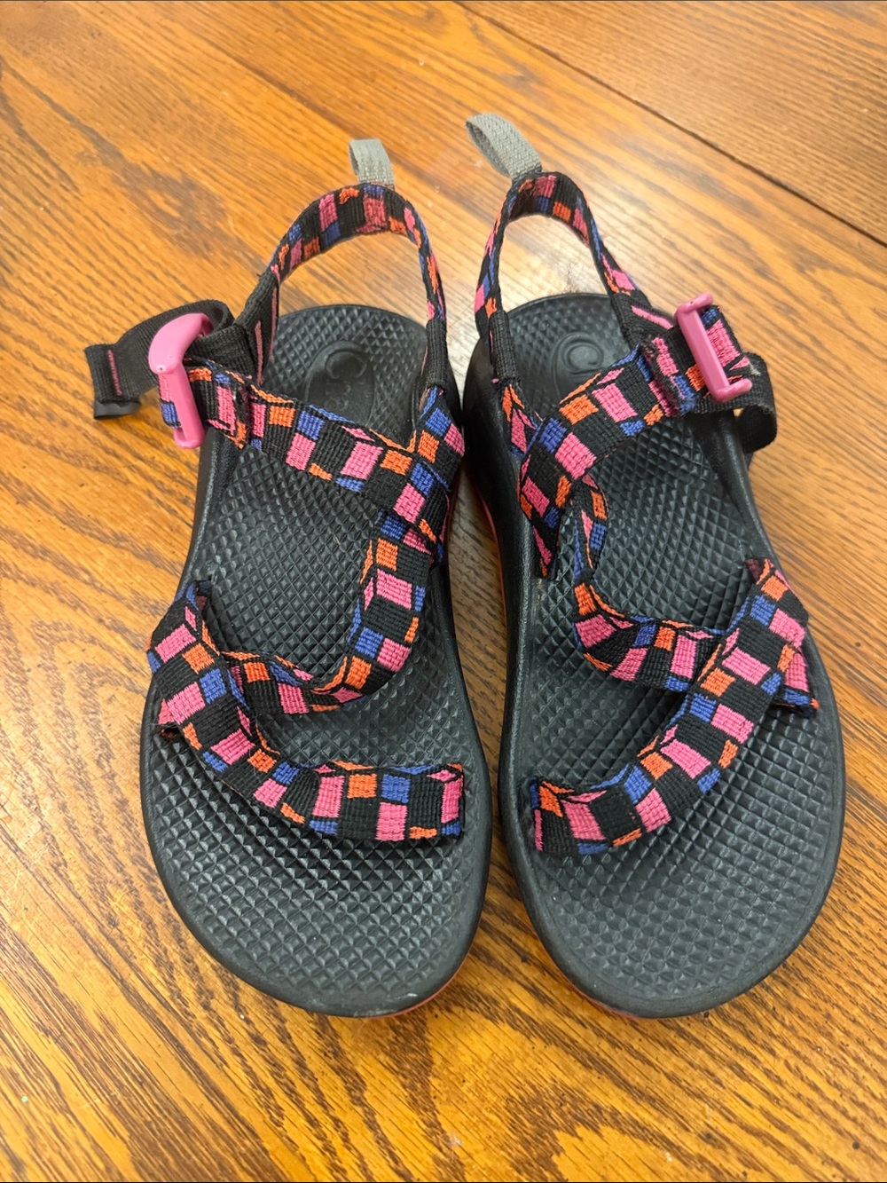 Chaco Kids Black Sandals with Pink, Orange & Blue Pattern